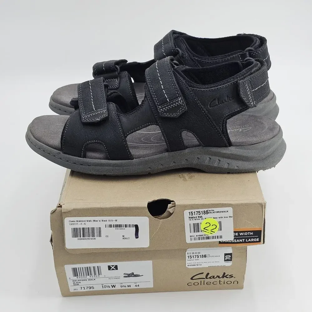 Mens Clarks Walkford Walk Sandals - Black Leather 10.5 W New NWT